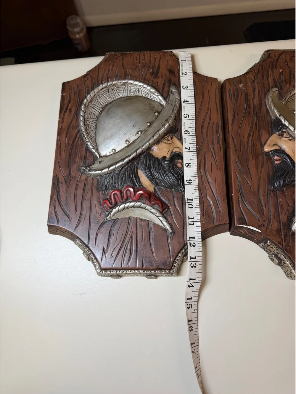 Vintage Pair of Decorative Plaques with Bearded Man in Helmet Design